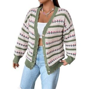 Women's Green and Cream Oversized Patterned Cardigan